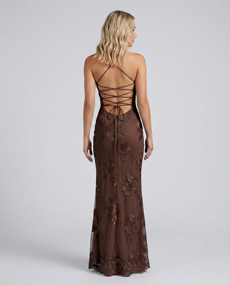 Angela | Maxi Dress with Floral Appliqué and Lace-Up Back