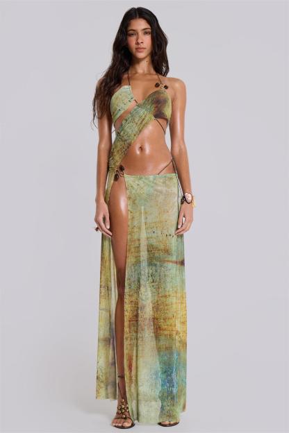Nalène | Mesh Cut-Out Halter Neck Midi Dress