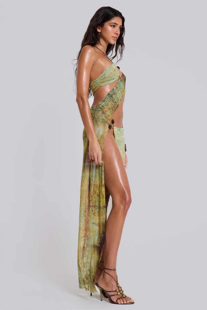 Nalène | Mesh Cut-Out Halter Neck Midi Dress