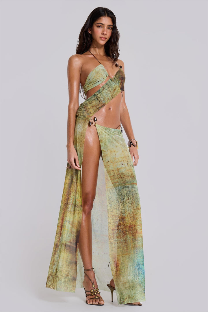 Nalène | Mesh Cut-Out Halter Neck Midi Dress