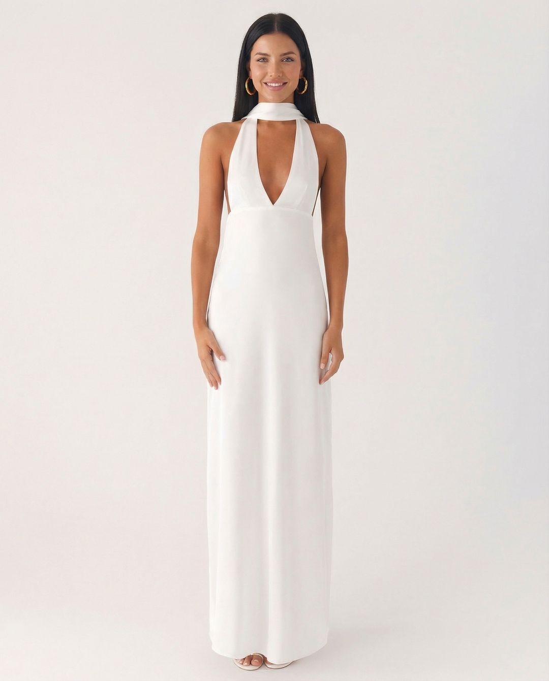 Jayne | Low V Neck Cowl Back Satin Halter Maxi Dress