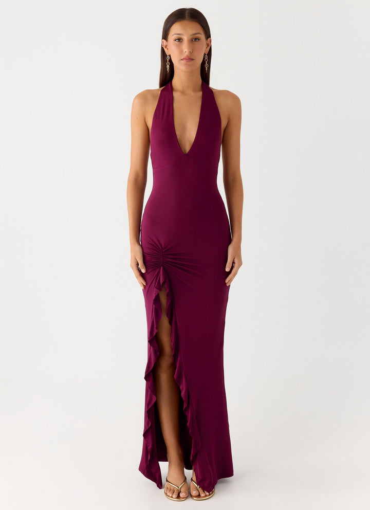 Alberta | V Neck Ruffles High Thigh Slit Maxi Dress