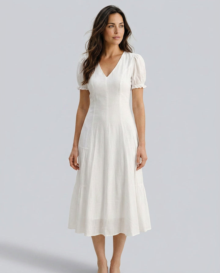 Zara | Puffed Sleeve V-Neck White Midi Dress