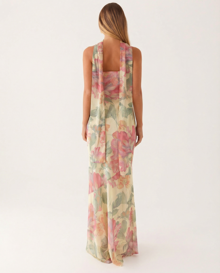 Shelia | Floral Chiffon Maxi Dress with Matching Scarf