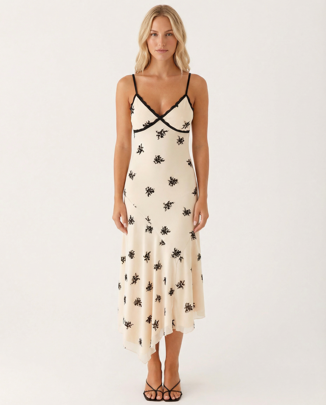 Marsha | Midi Dress with Lace Trim and Floral Embroidery
