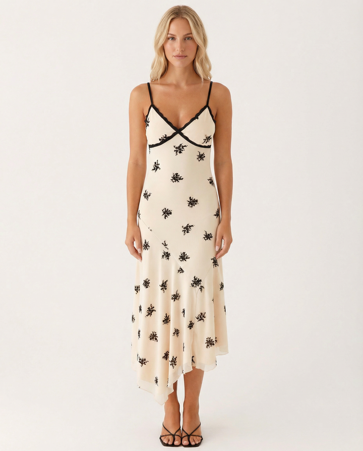 Marsha | Midi Dress with Lace Trim and Floral Embroidery