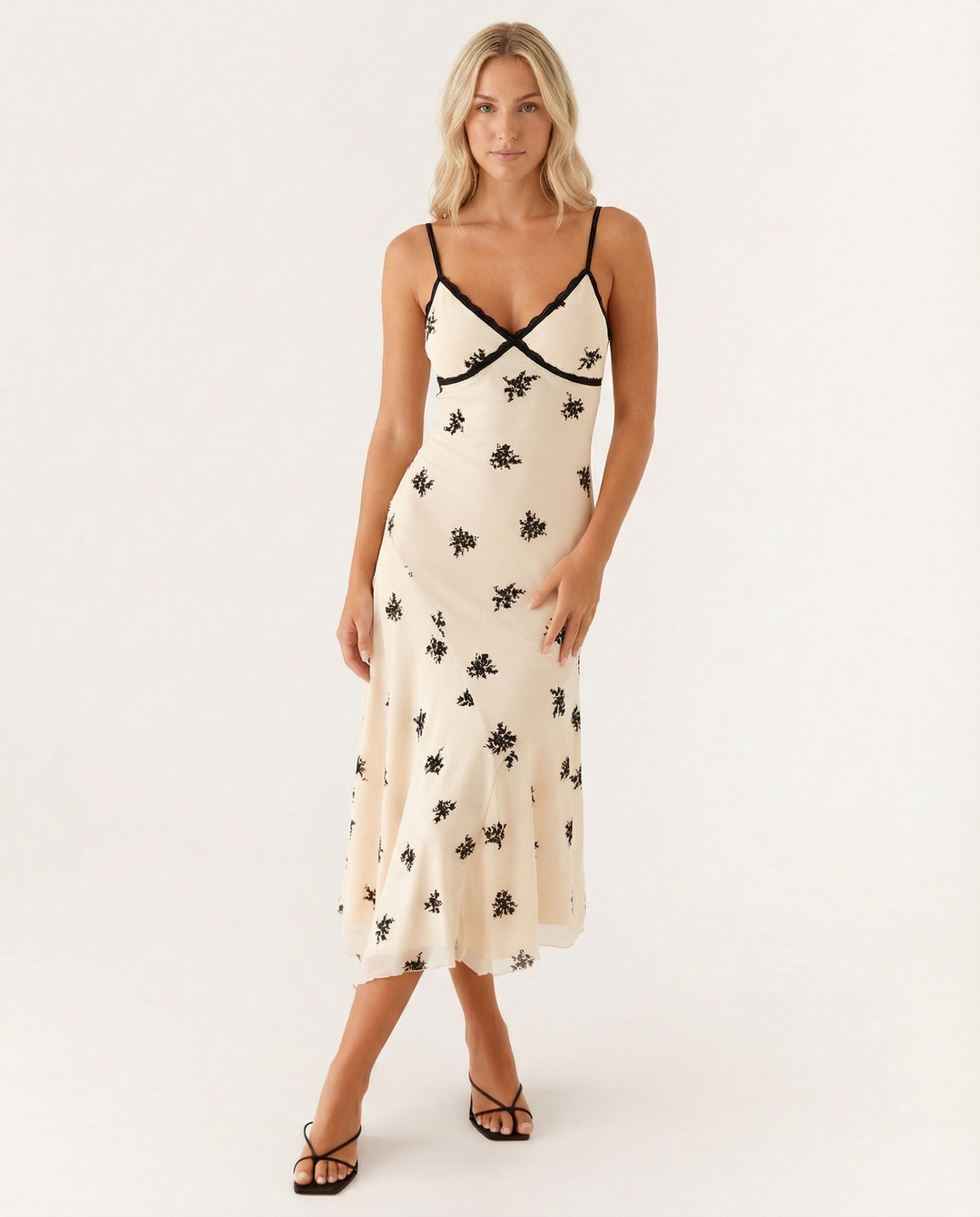 Marsha | Midi Dress with Lace Trim and Floral Embroidery