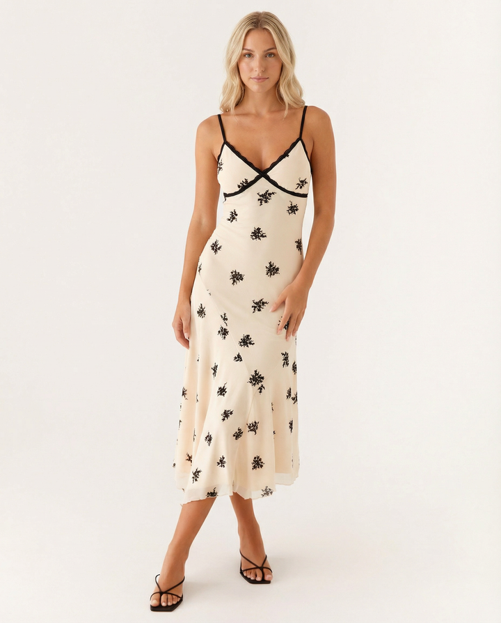 Marsha | Midi Dress with Lace Trim and Floral Embroidery