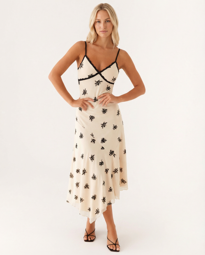 Marsha | Midi Dress with Lace Trim and Floral Embroidery