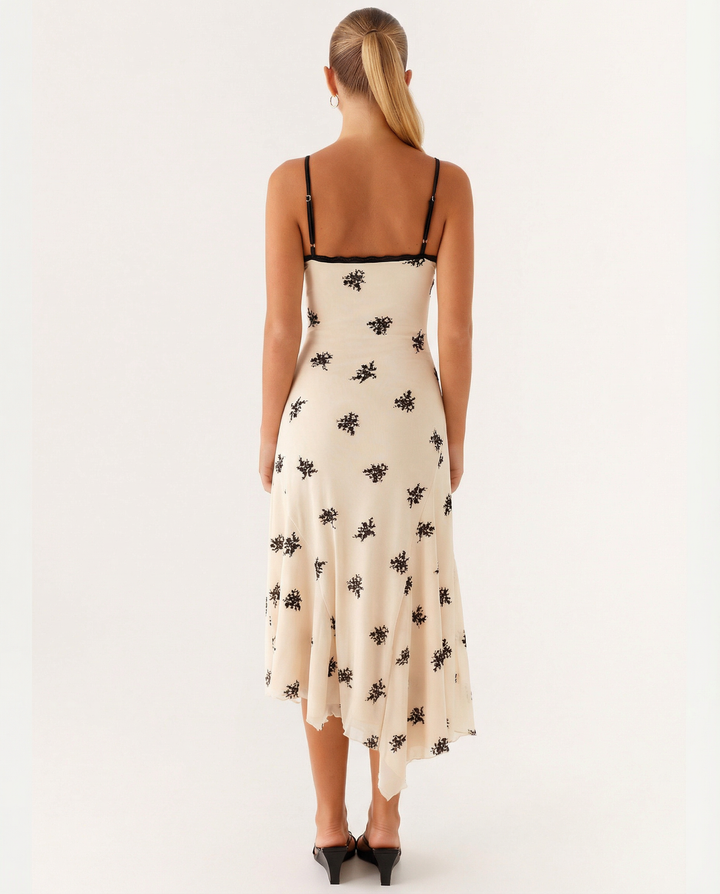 Marsha | Midi Dress with Lace Trim and Floral Embroidery