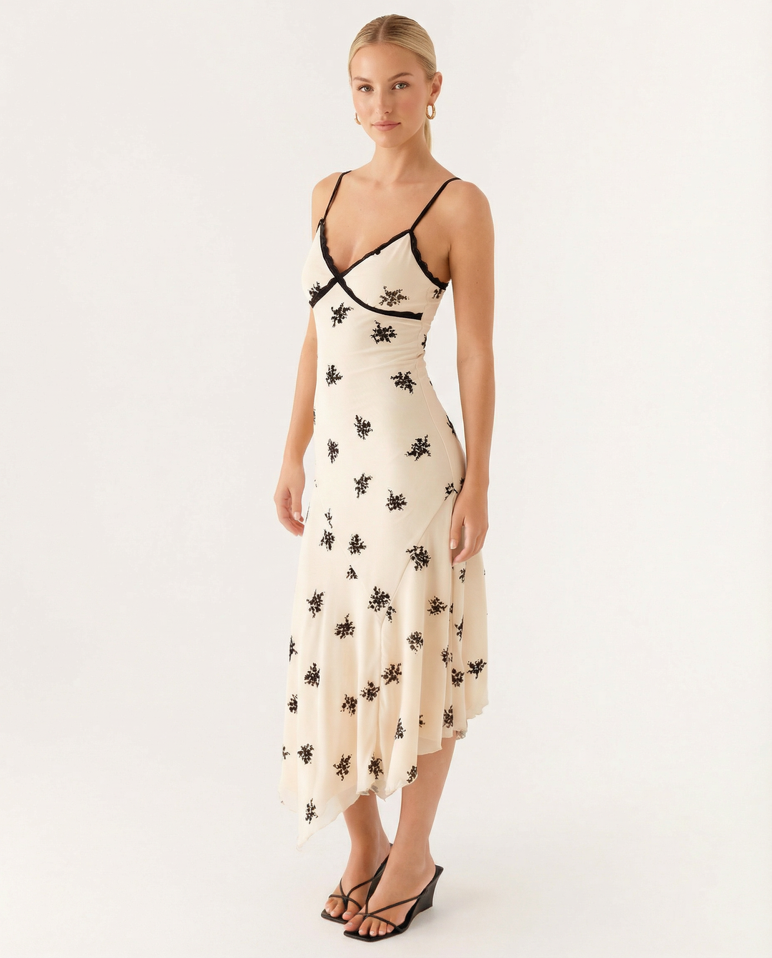 Marsha | Midi Dress with Lace Trim and Floral Embroidery