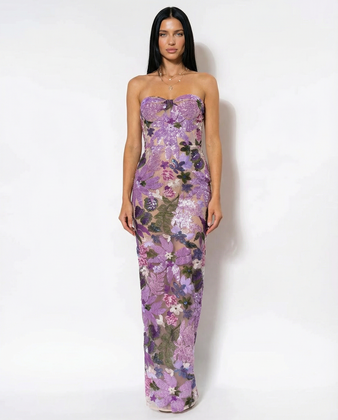 Sara | Sequin Floral Strapless Maxi Dress