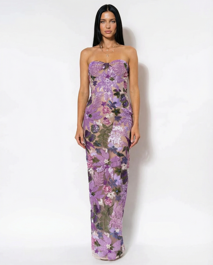 Sara | Sequin Floral Strapless Maxi Dress