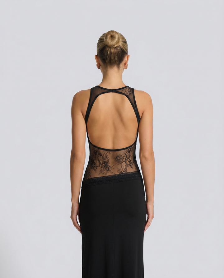 Traci | Lace Maxi Dress with Sheer Waist Panel