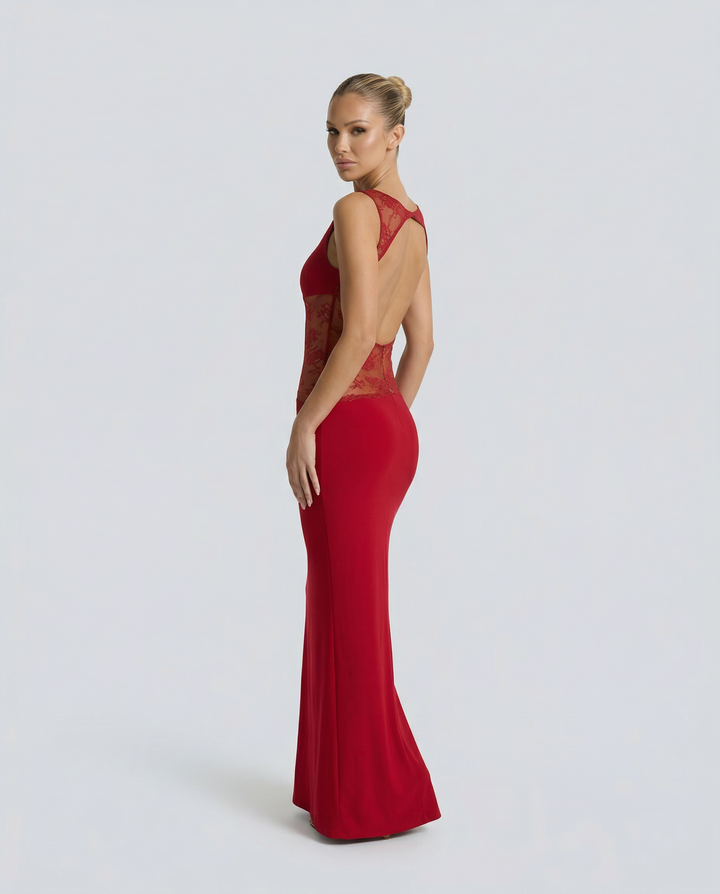 Traci | Lace Maxi Dress with Sheer Waist Panel