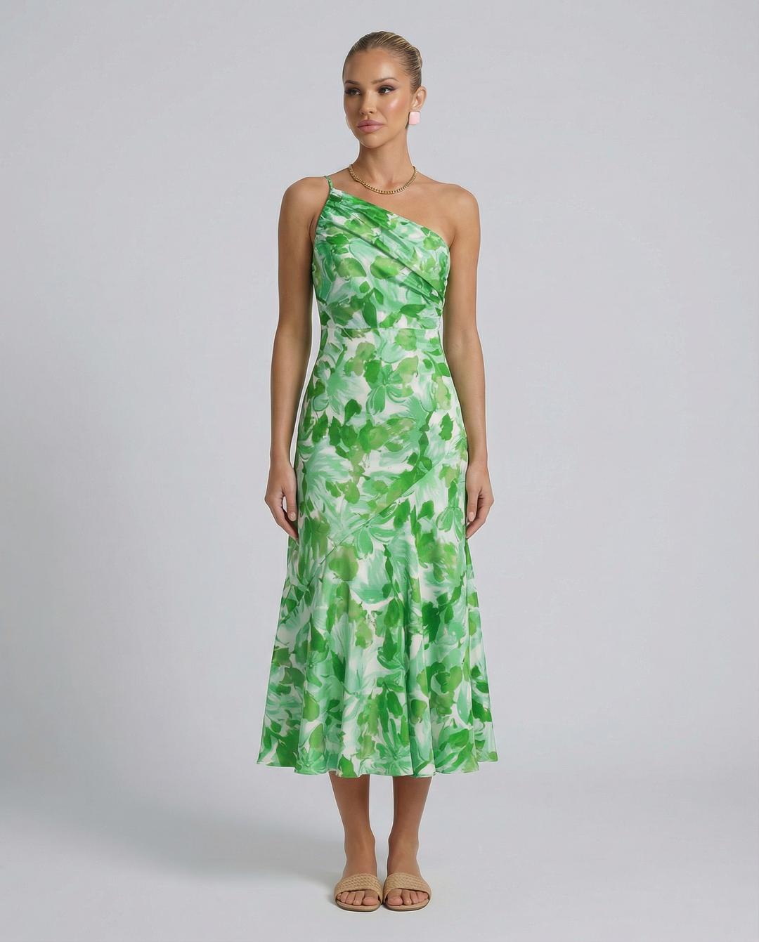 Lizzie | Midi Dress with One Shoulder and Floral Print
