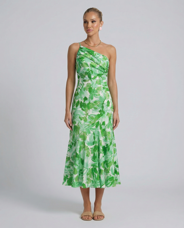 Lizzie | Midi Dress with One Shoulder and Floral Print