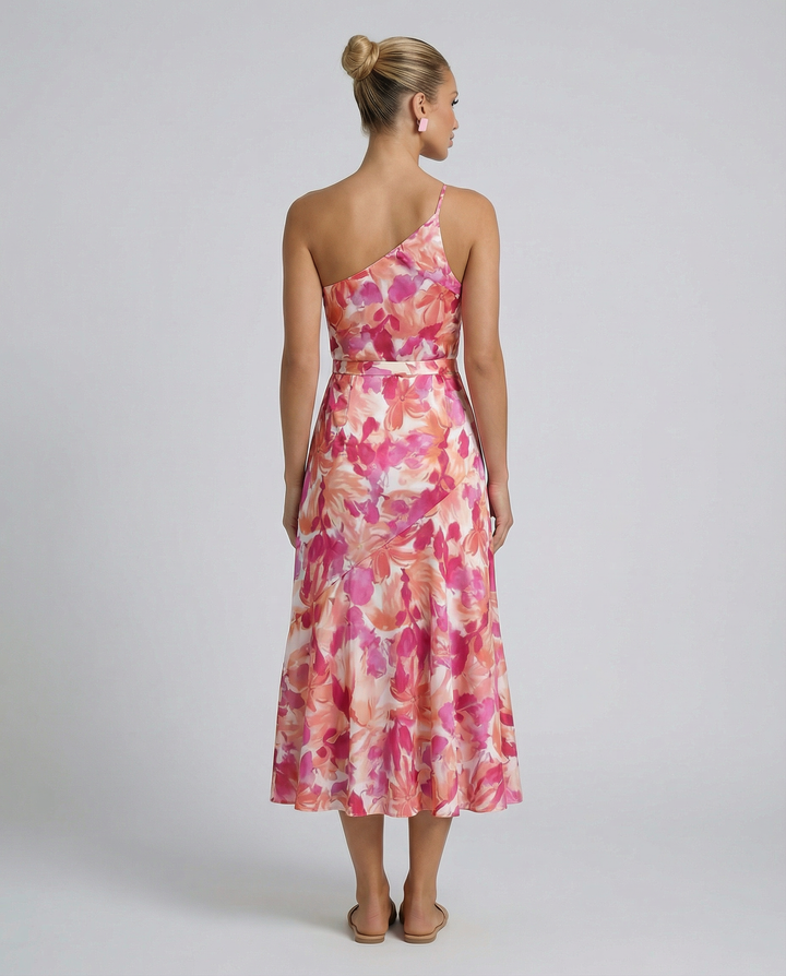 Lizzie | Midi Dress with One Shoulder and Floral Print
