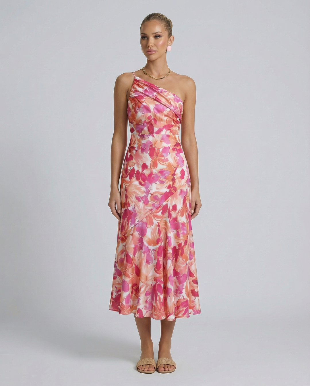 Lizzie | Midi Dress with One Shoulder and Floral Print