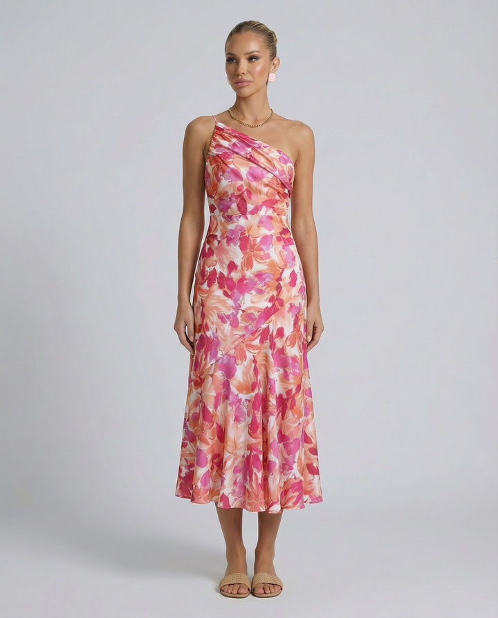 Lizzie | Midi Dress with One Shoulder and Floral Print