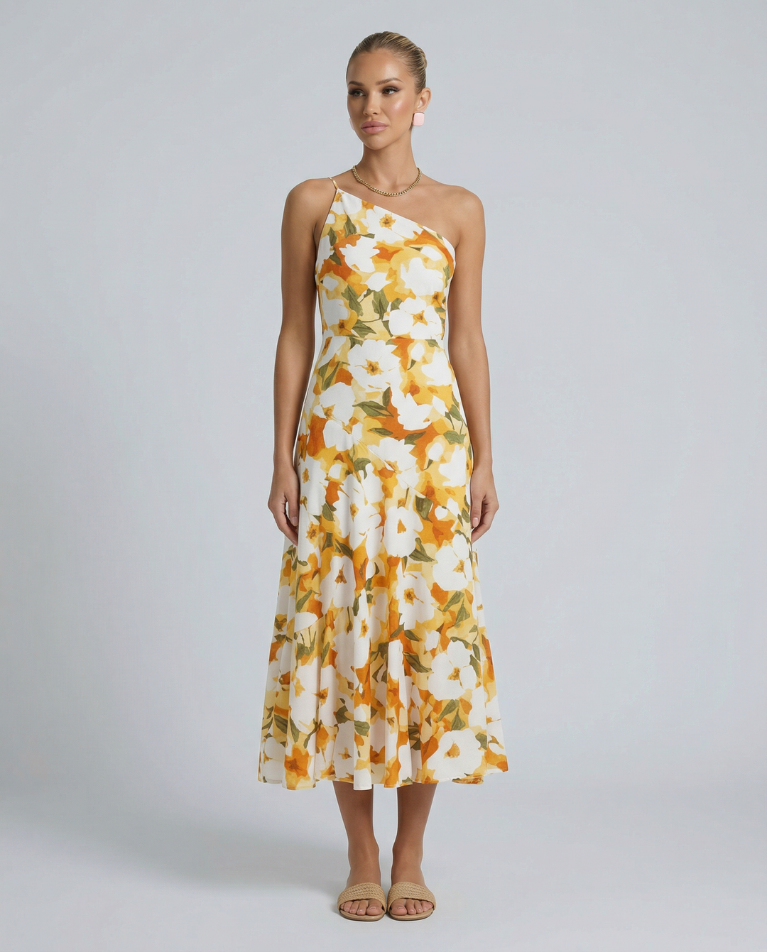 Lizzie | Midi Dress with One Shoulder and Floral Print