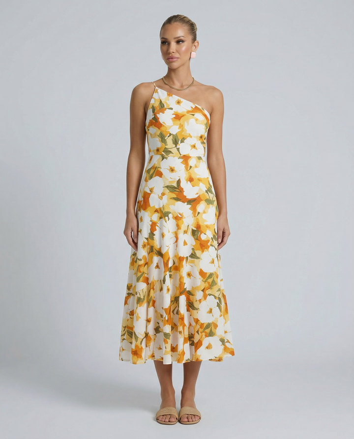 Lizzie | Midi Dress with One Shoulder and Floral Print