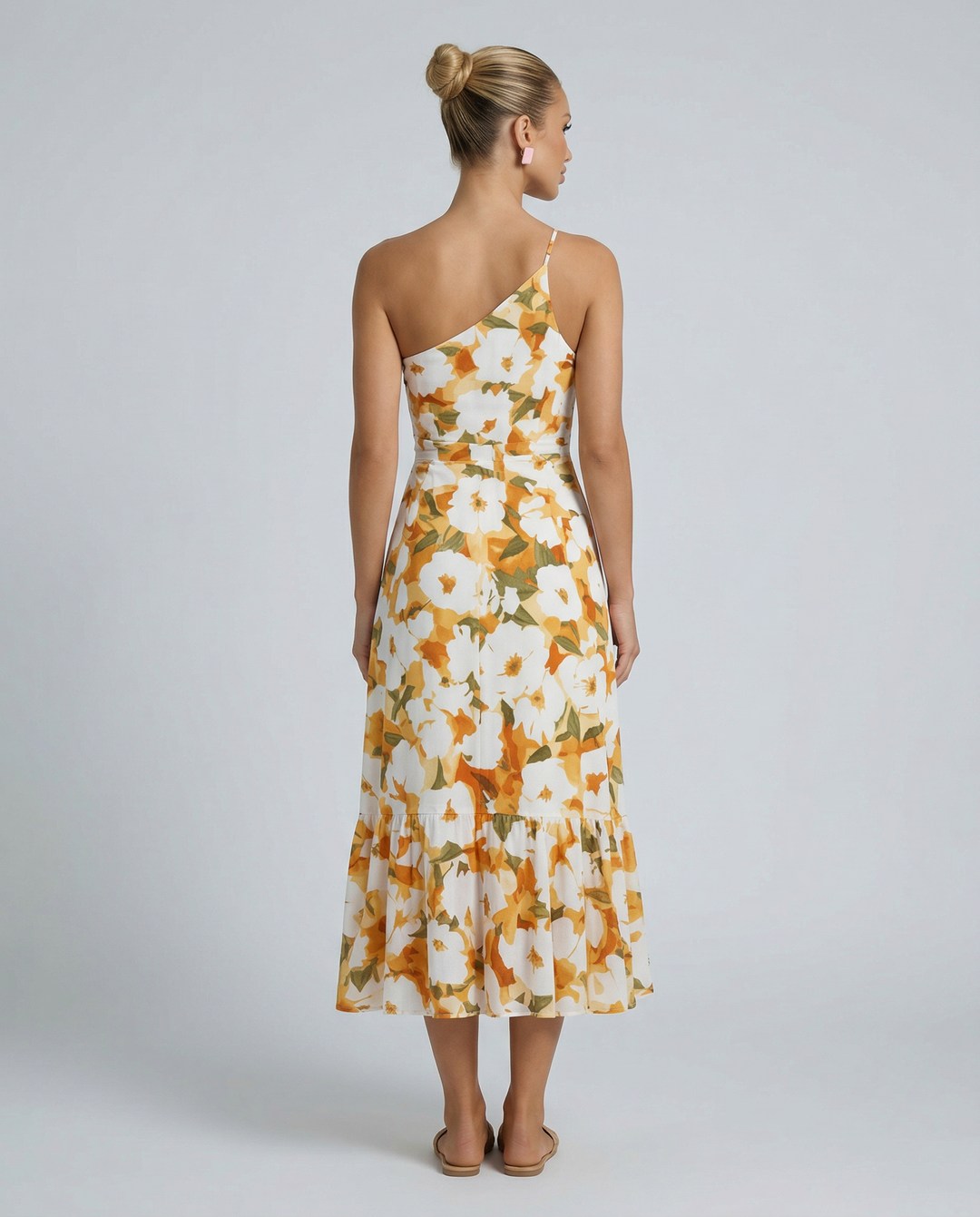 Lizzie | Midi Dress with One Shoulder and Floral Print