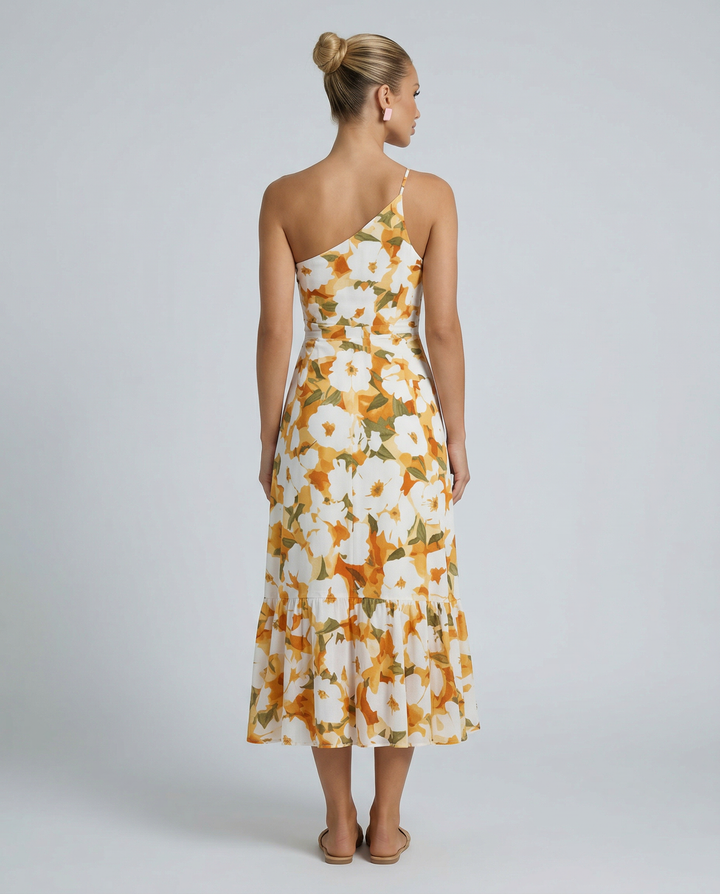 Lizzie | Midi Dress with One Shoulder and Floral Print