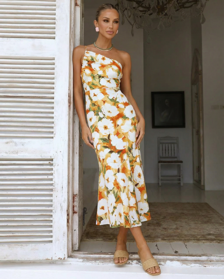 Lizzie | Midi Dress with One Shoulder and Floral Print