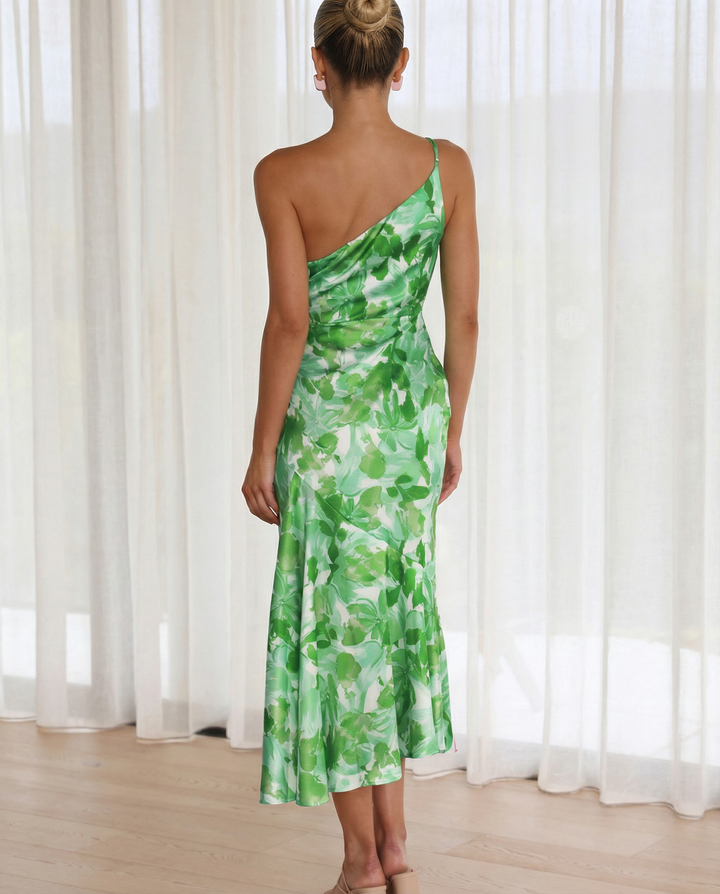 Lizzie | Midi Dress with One Shoulder and Floral Print