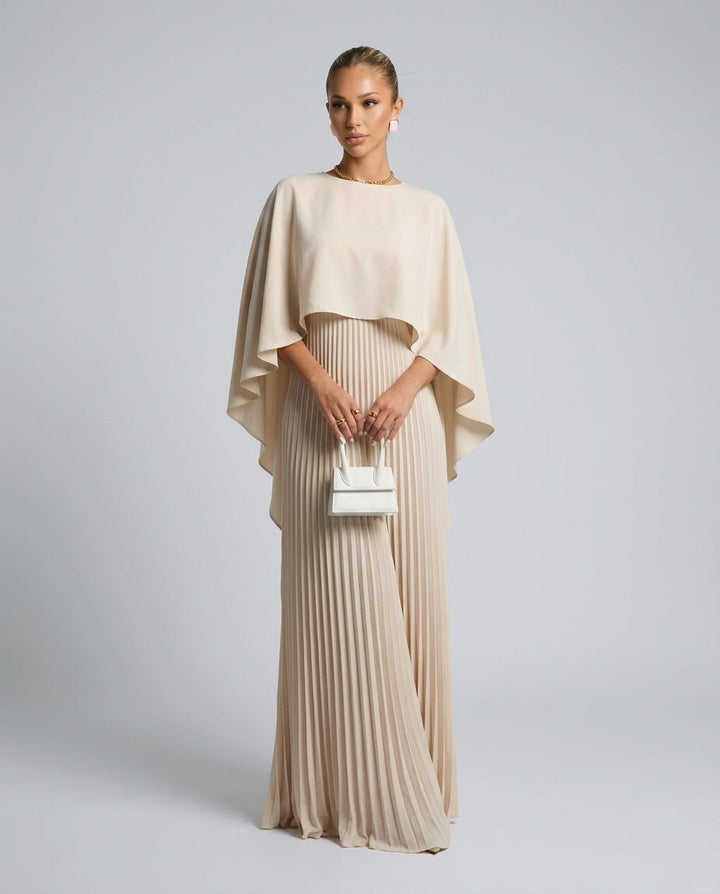 Oryna | Asymmetric Cape Overlay Pleated Maxi Dress