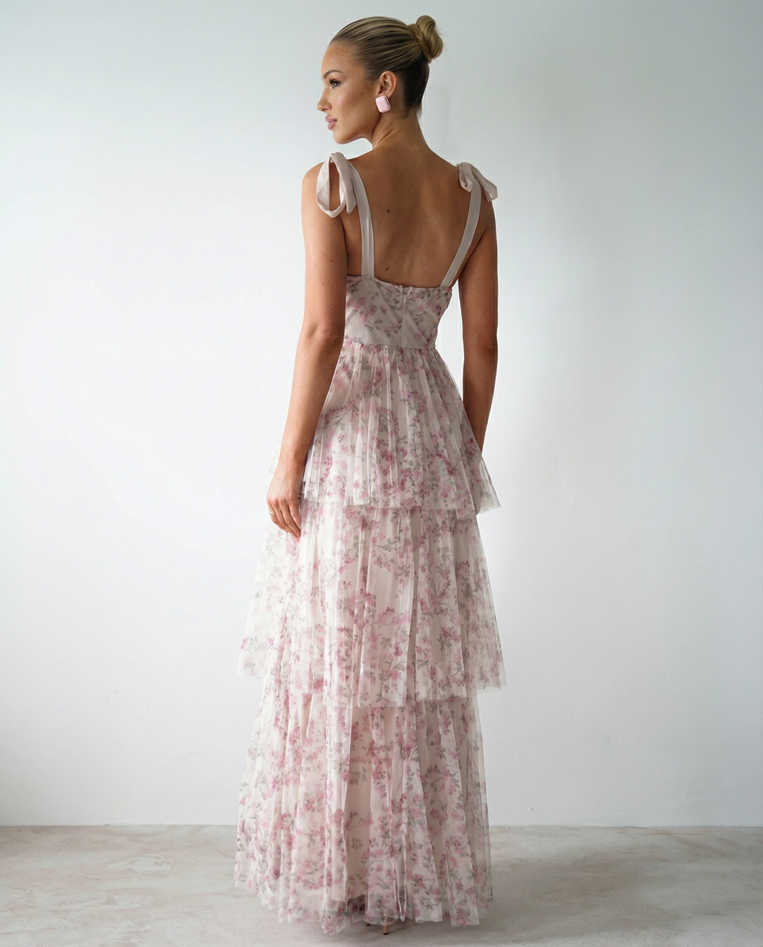 Patty | Floral Tulle Maxi Dress with Tie Straps and Tiered Skirt