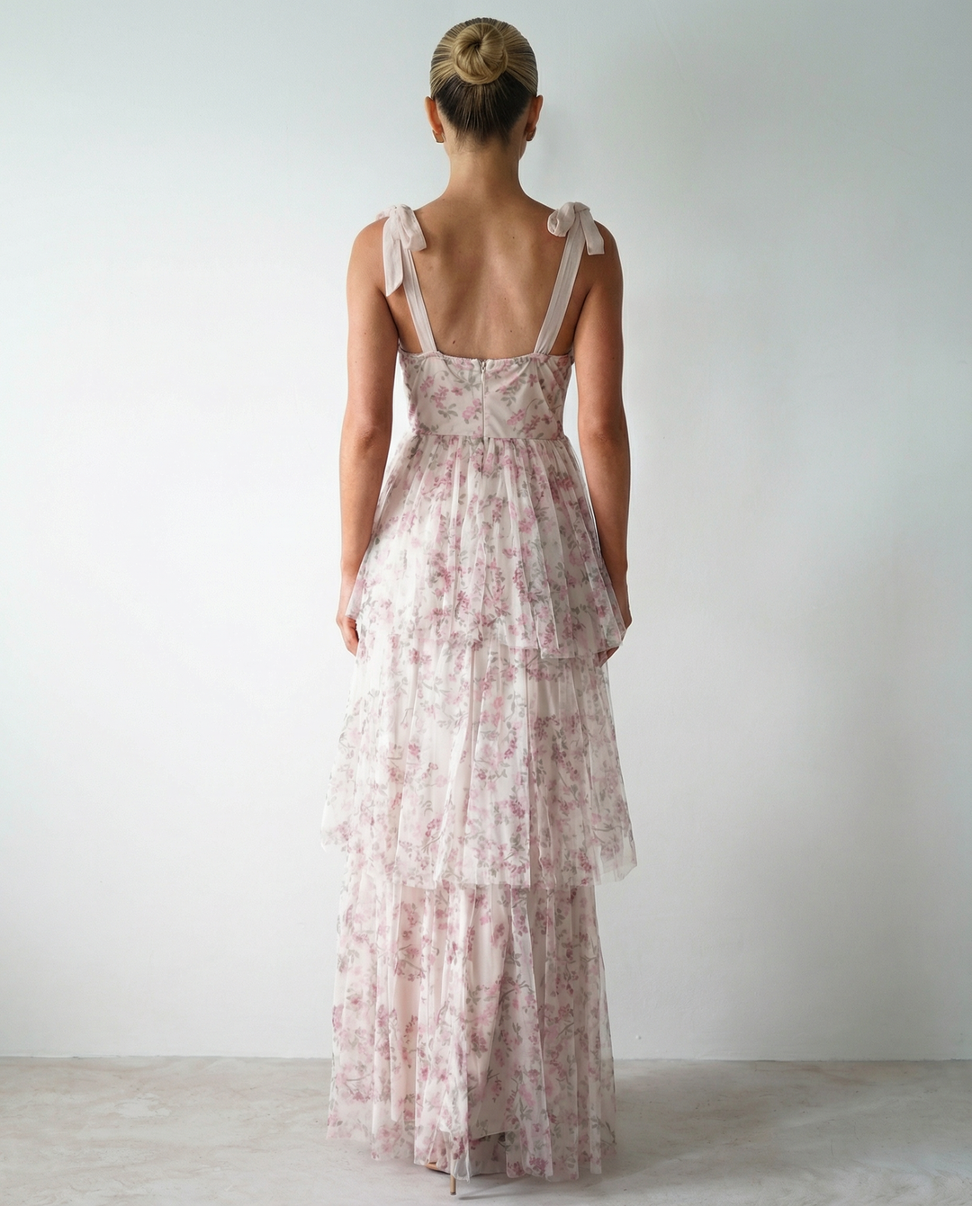 Patty | Floral Tulle Maxi Dress with Tie Straps and Tiered Skirt