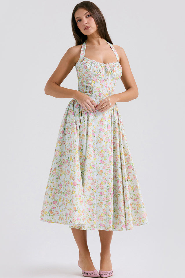 Adabella | Halter Midi Sundress with Gathered Bust