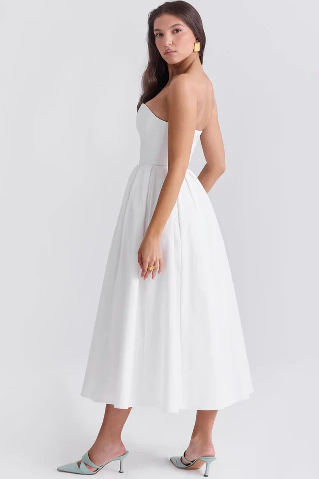 Lesley | Strapless Midi Dress with Pleated Skirt
