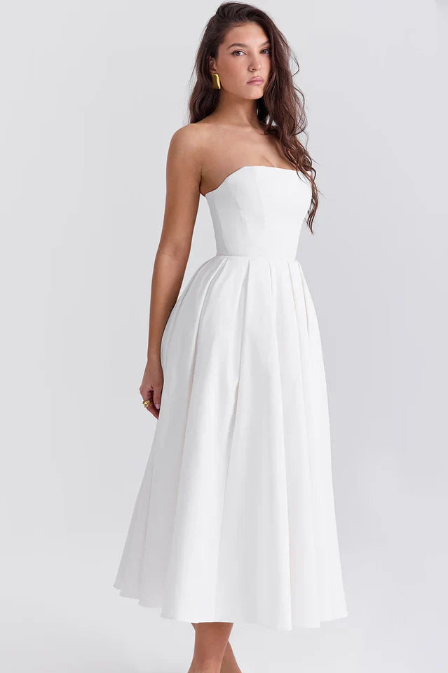 Lesley | Strapless Midi Dress with Pleated Skirt