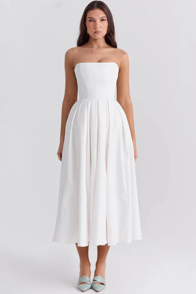 Lesley | Strapless Midi Dress with Pleated Skirt