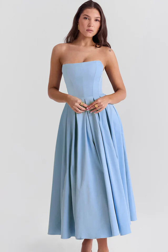 Lesley | Strapless Midi Dress with Pleated Skirt