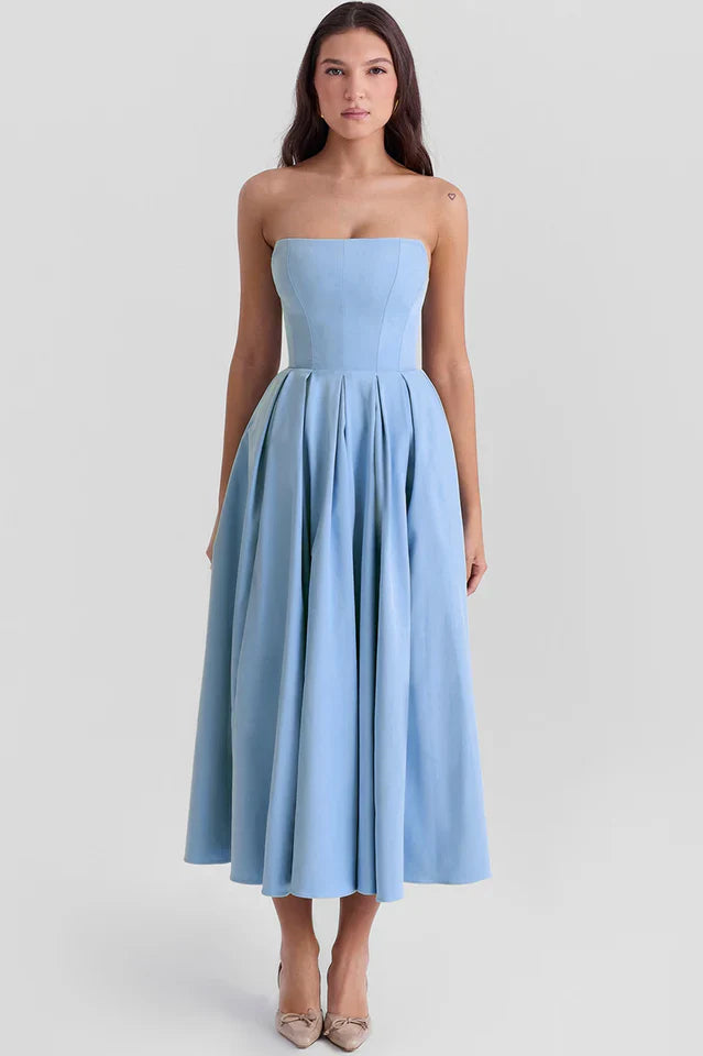 Lesley | Strapless Midi Dress with Pleated Skirt