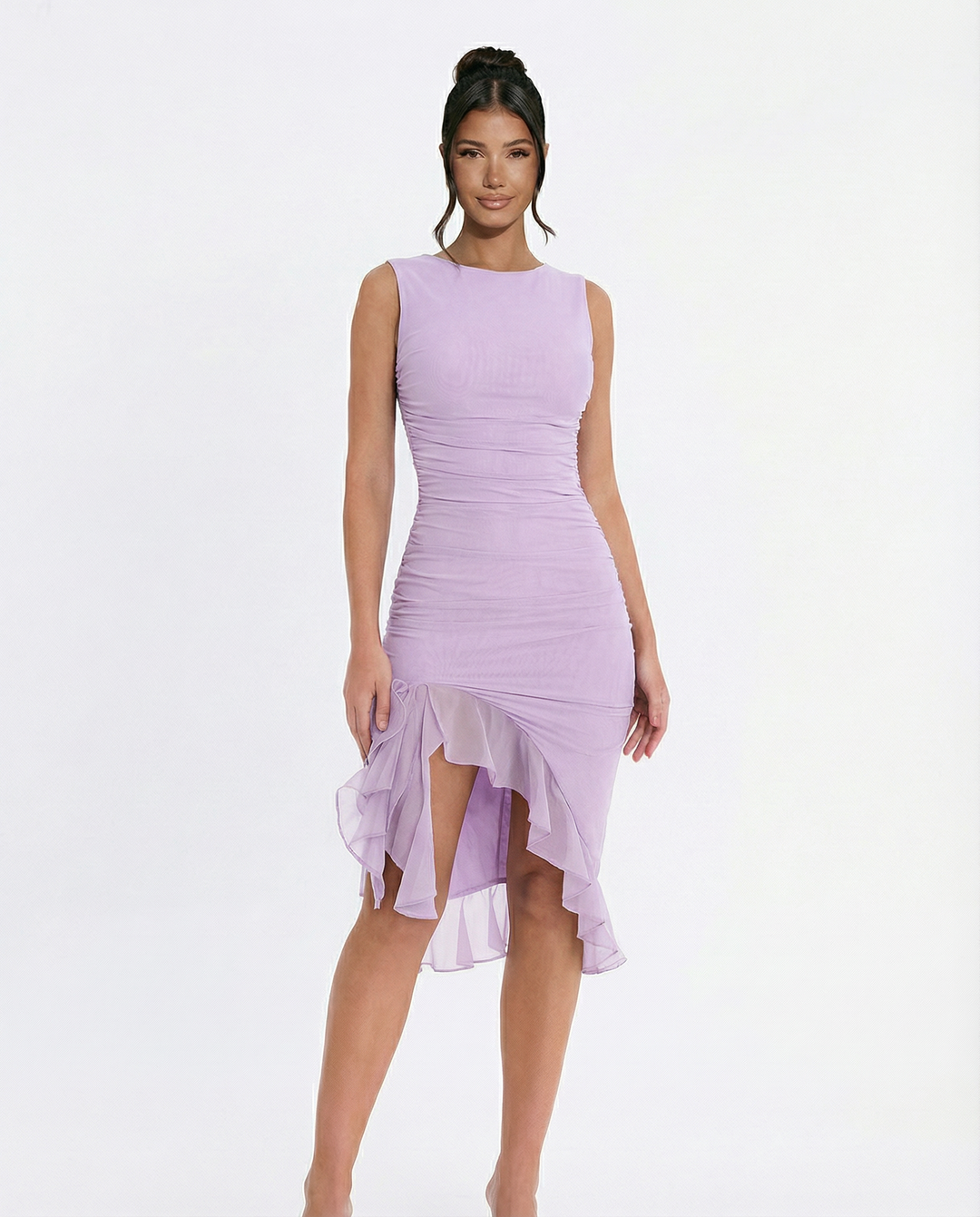 Avery | Ruffle Midi Dress with Ruched Mesh Detail