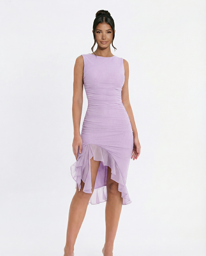 Avery | Ruffle Midi Dress with Ruched Mesh Detail