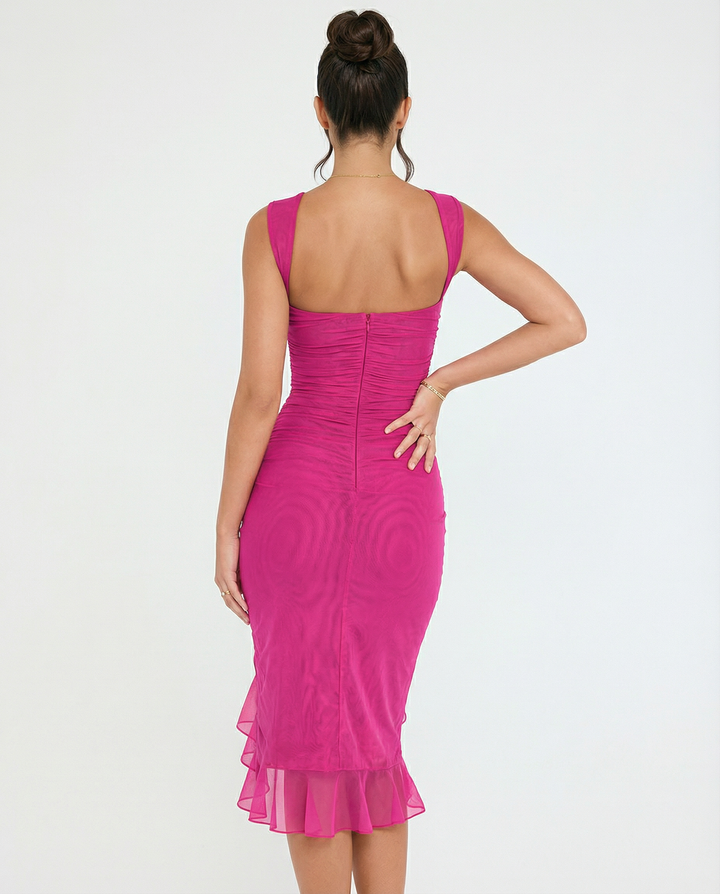 Avery | Ruffle Midi Dress with Ruched Mesh Detail