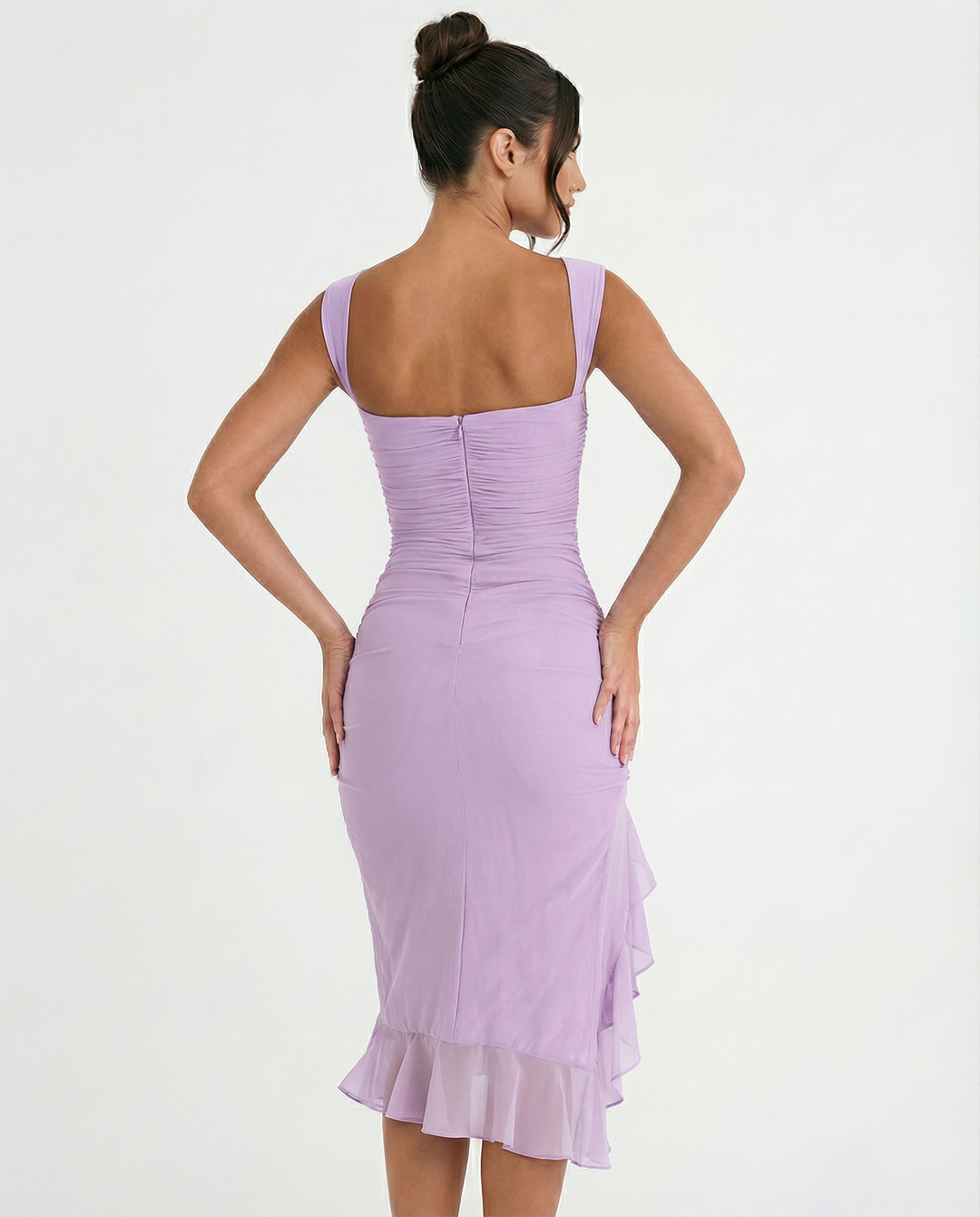 Avery | Ruffle Midi Dress with Ruched Mesh Detail