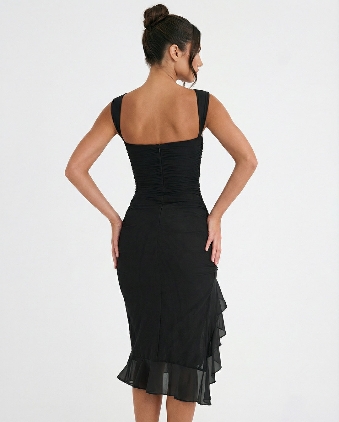 Avery | Ruffle Midi Dress with Ruched Mesh Detail