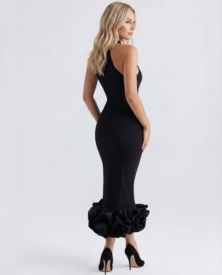 Helen | Halter Neck Midi Dress with Peplum Hem