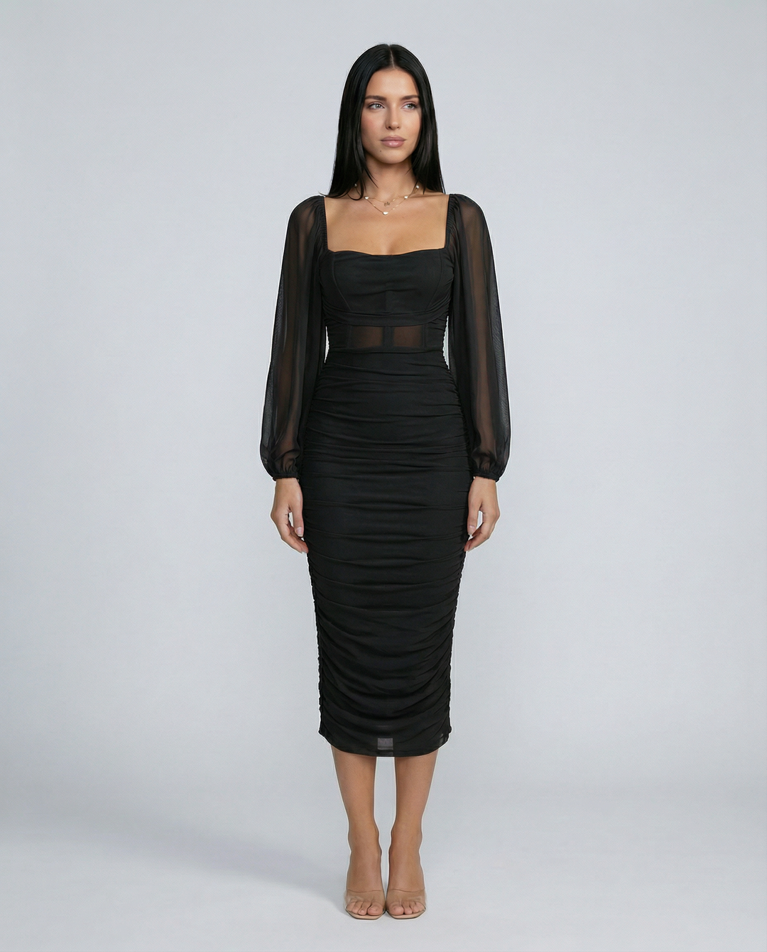 Debra | Ruched Midi Dress with Sheer Long Sleeves