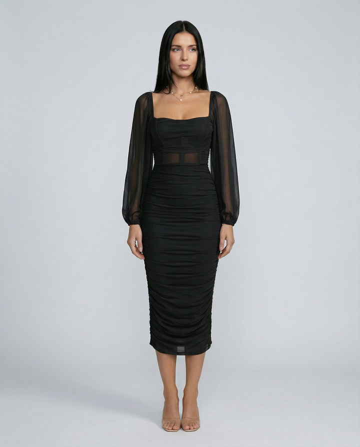 Debra | Ruched Midi Dress with Sheer Long Sleeves
