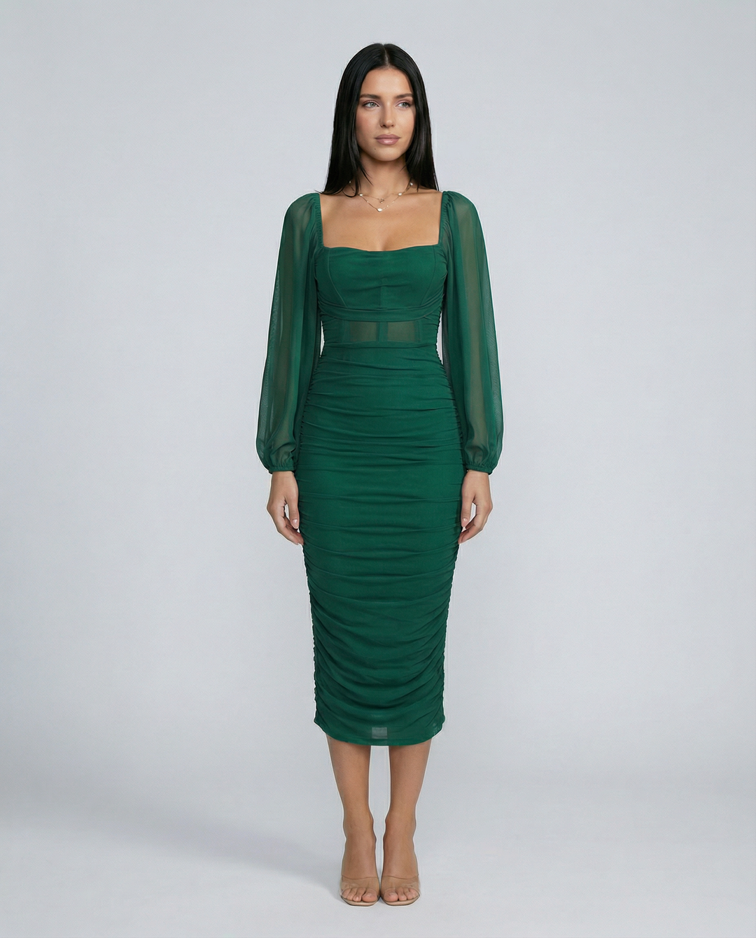 Debra | Ruched Midi Dress with Sheer Long Sleeves
