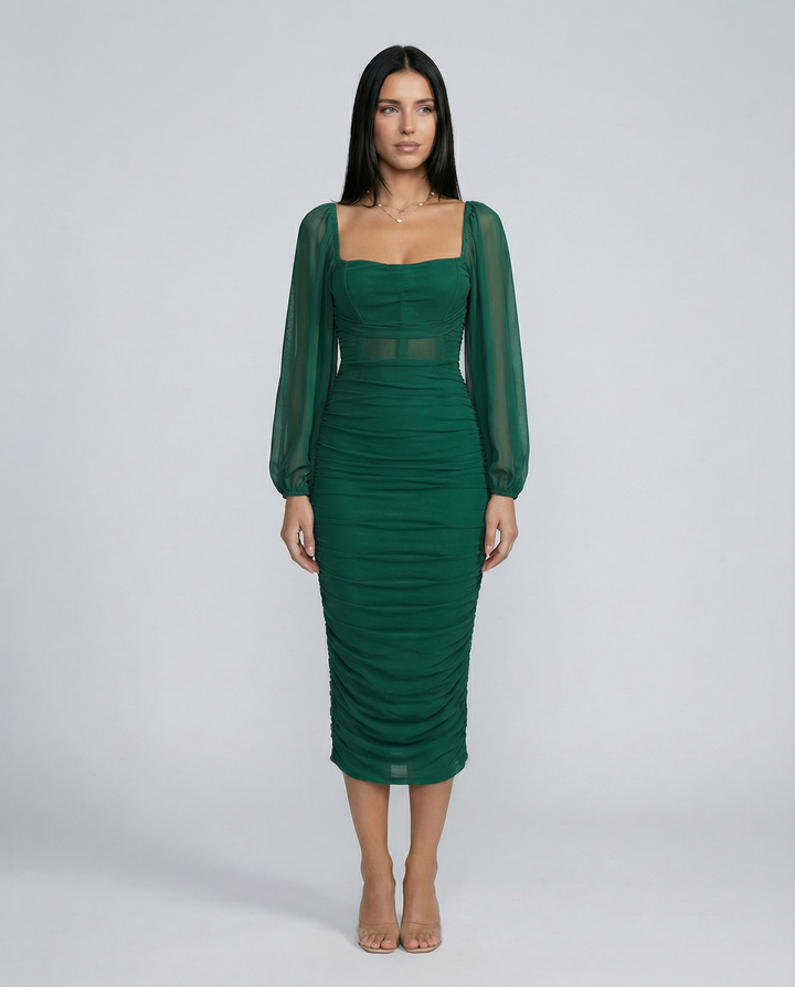 Debra | Ruched Midi Dress with Sheer Long Sleeves