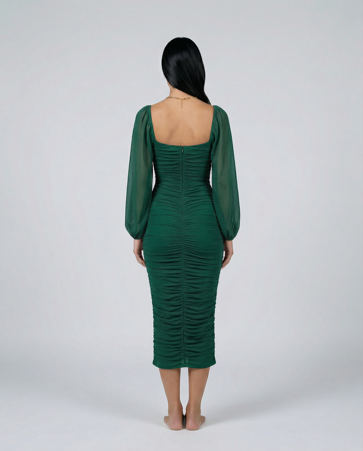 Debra | Ruched Midi Dress with Sheer Long Sleeves